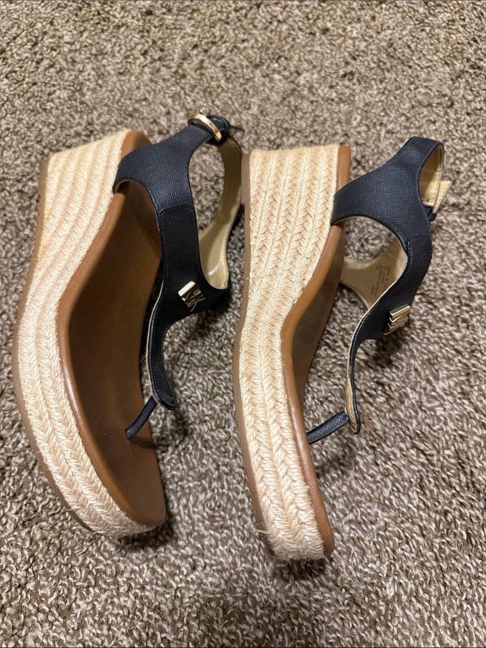 Michael Michael Kors Thong Wedge Espadrille Sandals MK Logo Black Espadrilles 7M
